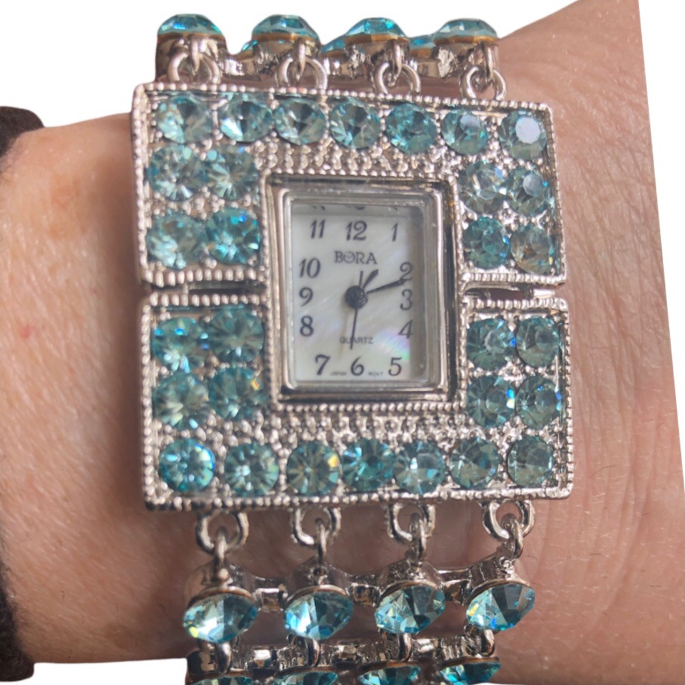 Bora Silver Quartz Watch Square Aquamarine Rhinestones Secure Clasp Gift Boxed - Picture 2 of 8